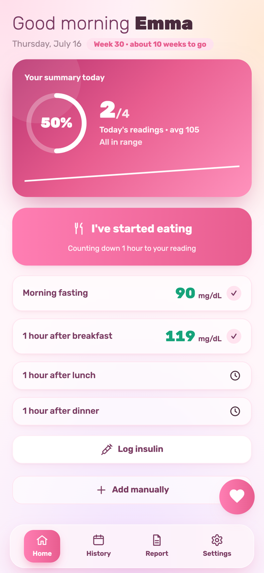 Metuka home screen - today's summary, I started eating button, and reading list