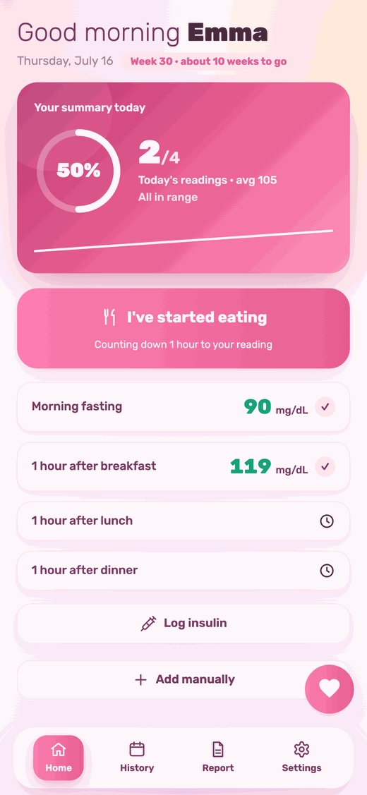 Metuka home screen - today's summary, I started eating button, and reading list