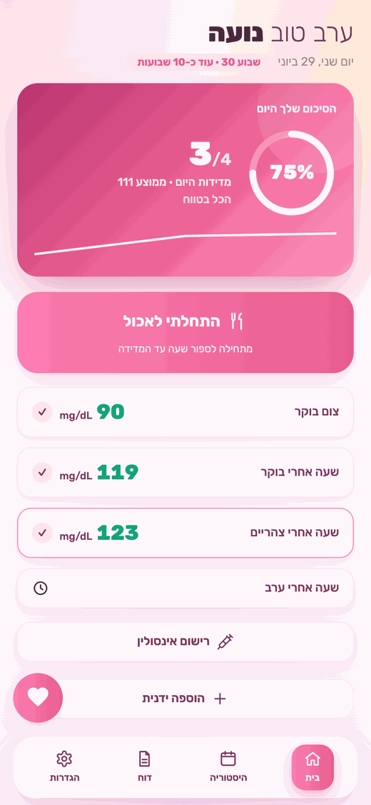 מסך הבית של מתוקה - סיכום היום, כפתור התחלתי לאכול ורשימת מדידות